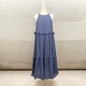 Listicle Tiered Maxi Dress Sz Small Blue Ruffle Halter Open Back Boho Flowy